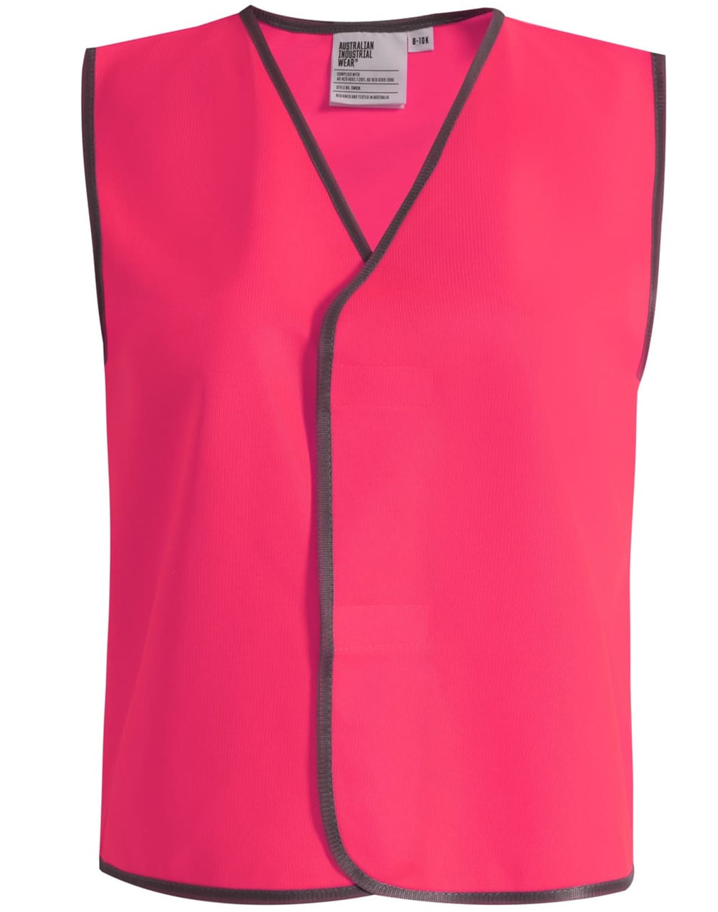 A pink safety vest with contrasting trim, designed for visibility and safety wear. Features a simple, sleeveless design.