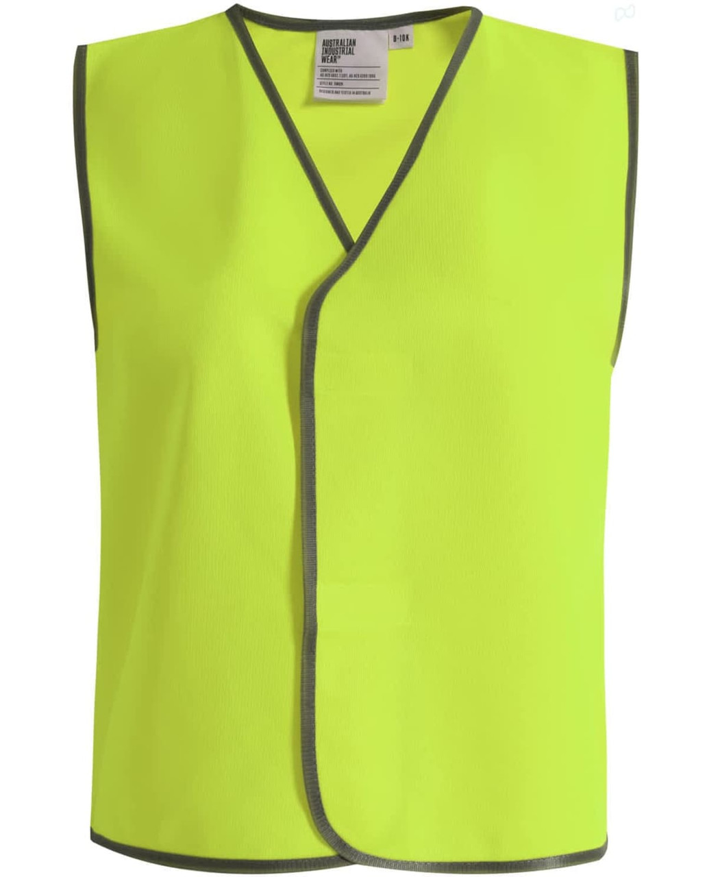 A bright yellow safety vest with grey trim, featuring a logo on the inside label.