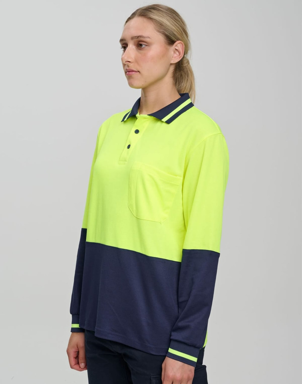 Hi-Vis long-sleeve safety polo in bright yellow with navy blue accents and a pocket, featuring a logo.