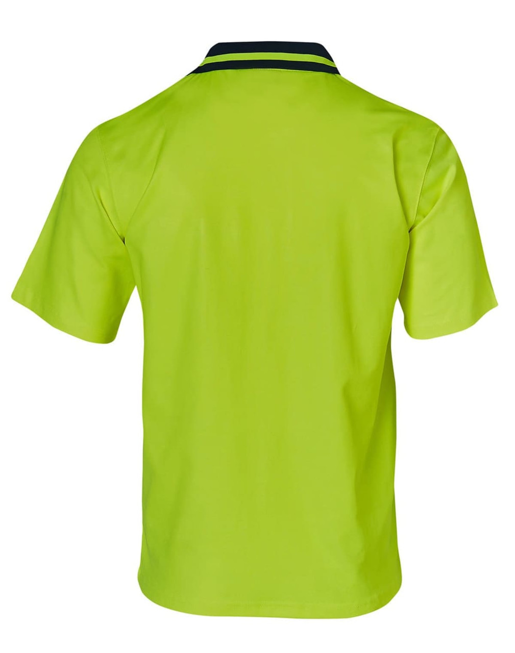 A bright high-visibility yellow safety polo shirt with short sleeves and a contrasting collar, featuring a logo.