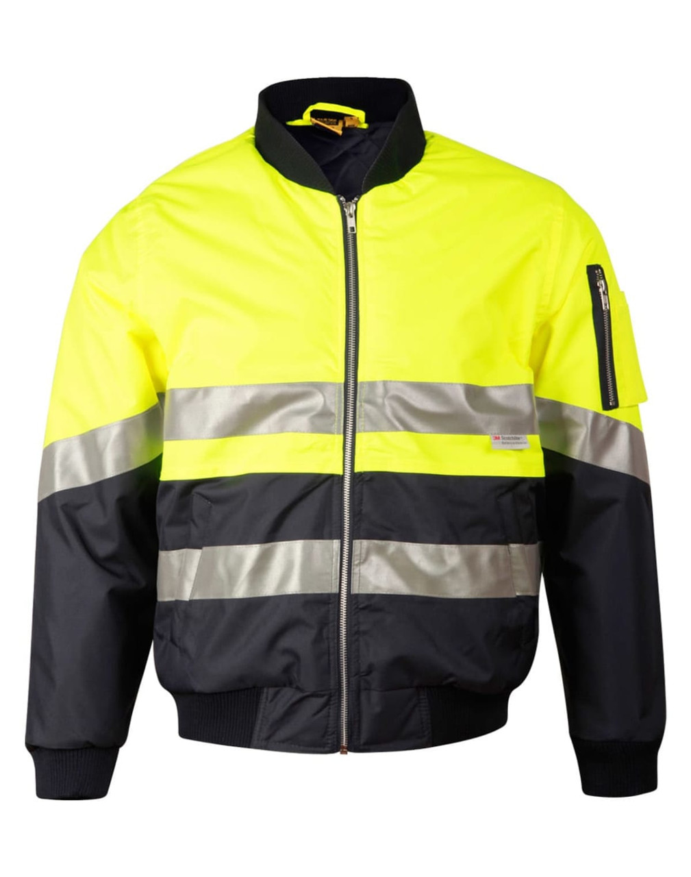 Hi-Vis two-tone jacket in bright yellow and black, featuring reflective 3M tapes and a zippered front. Includes a pocket.