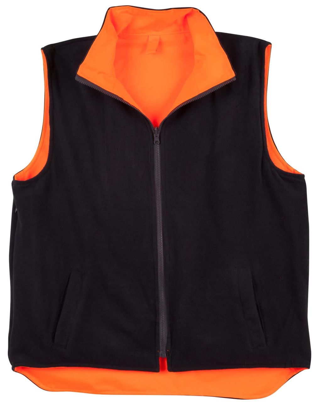 A reversible safety vest featuring a black exterior and bright orange interior, designed with pockets and a zip front.