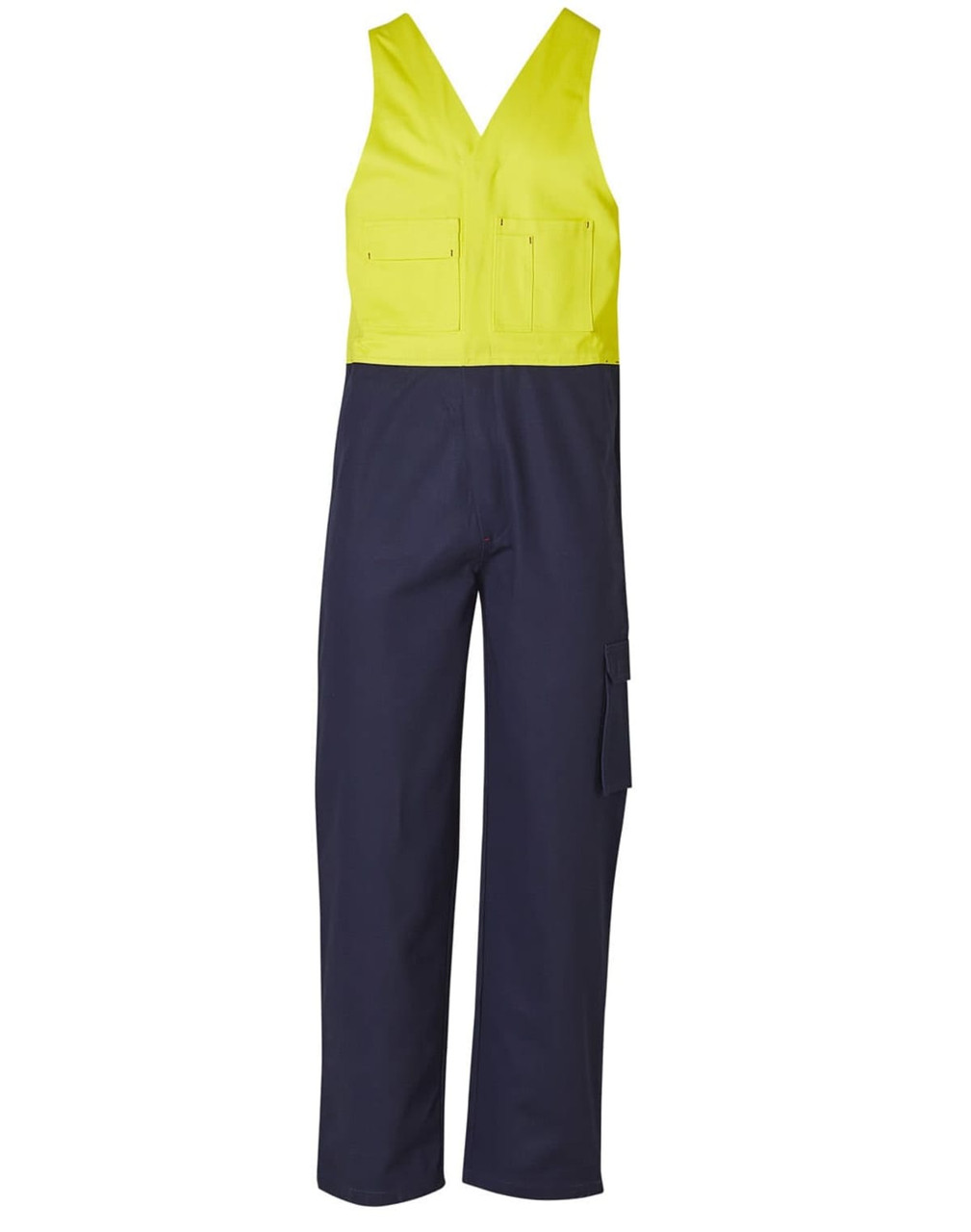 Two-tone men's cotton drill overall featuring a yellow top and navy bottom, with multiple pockets and a logo.
