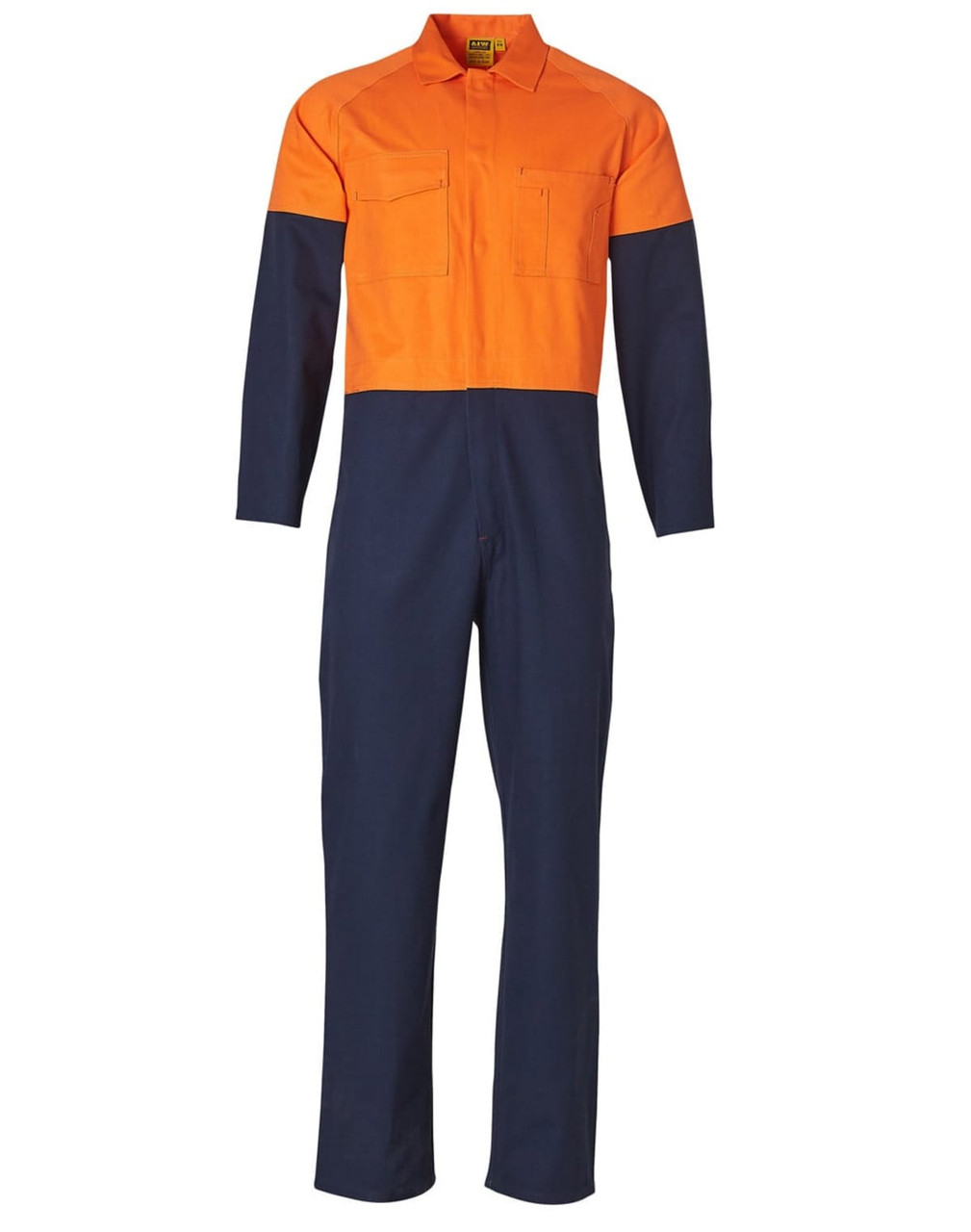 Hi-vis two-tone men's cotton drill coverall in orange and navy, featuring long sleeves and two chest pockets.