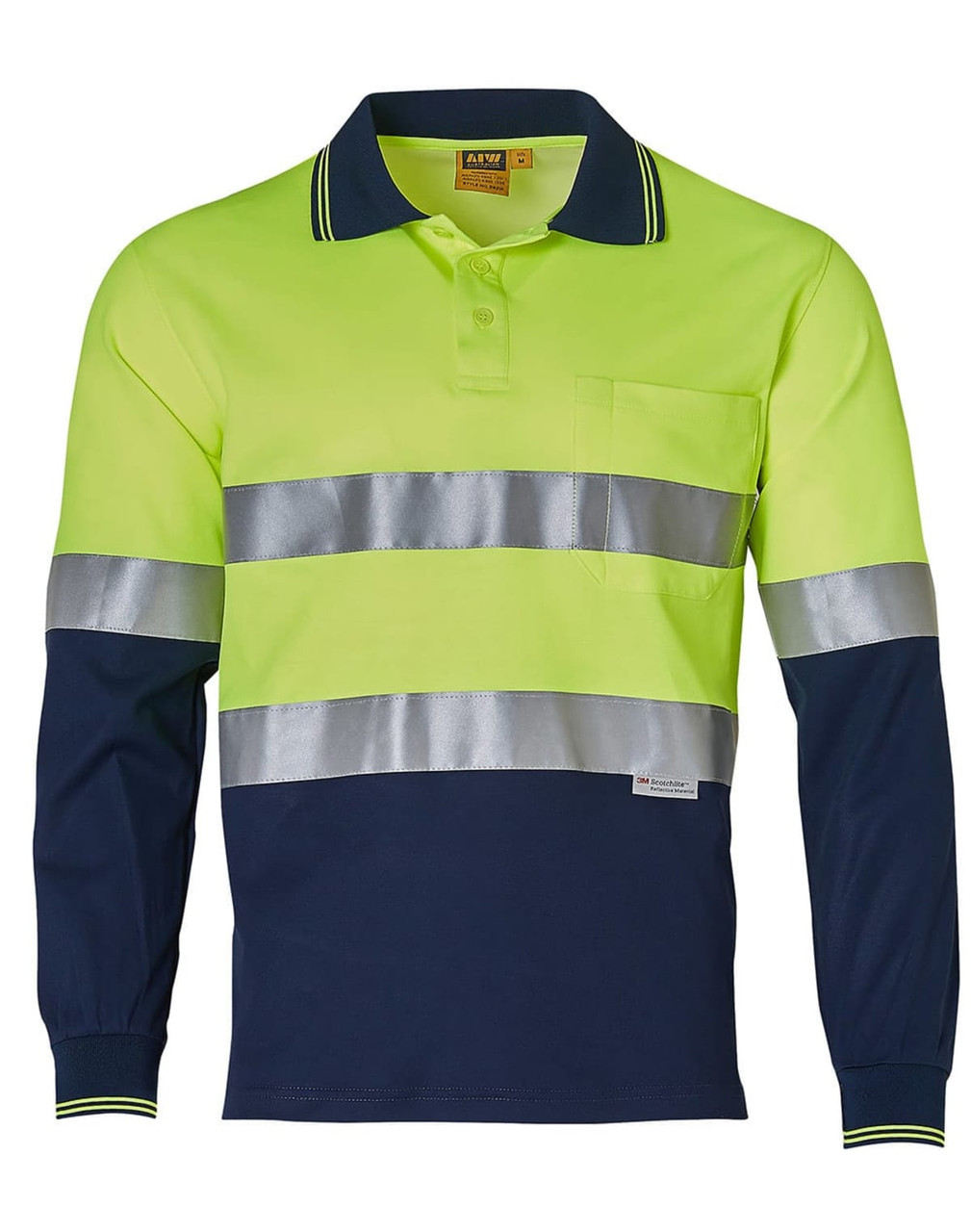 A long-sleeve safety polo shirt in fluorescent yellow and navy, featuring reflective stripes and a pocket.