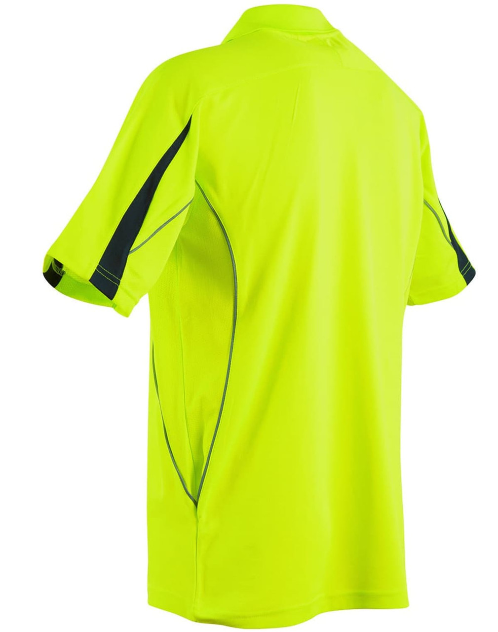 A high-visibility short-sleeve polo shirt in bright yellow, featuring contrasting dark detailing and a logo.