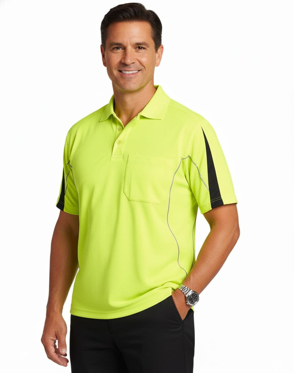 A bright yellow short-sleeve polo shirt with black accents and a pocket, featuring a logo.