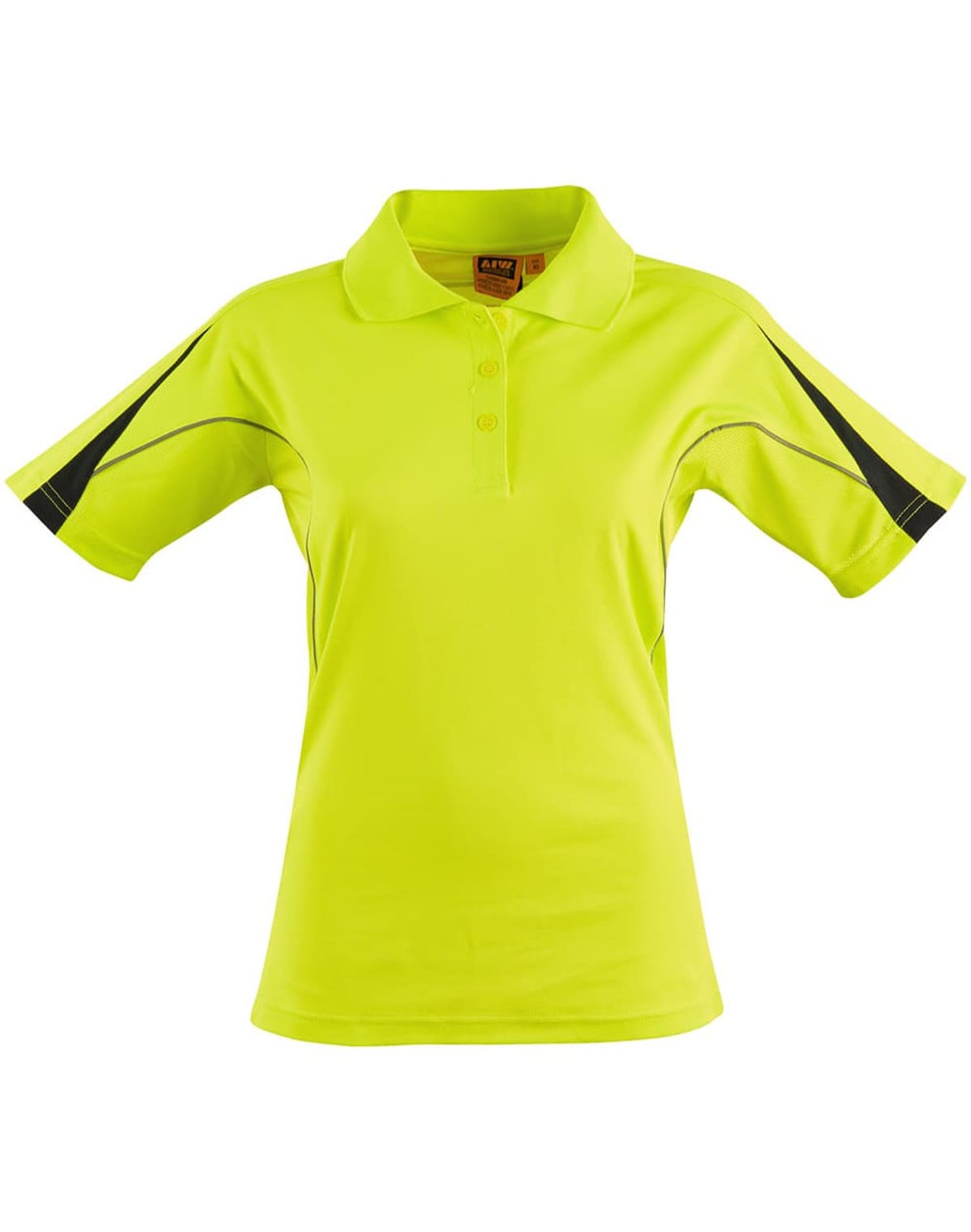 A ladies' short-sleeve polo shirt in fluorescent yellow with black accents and a logo.
