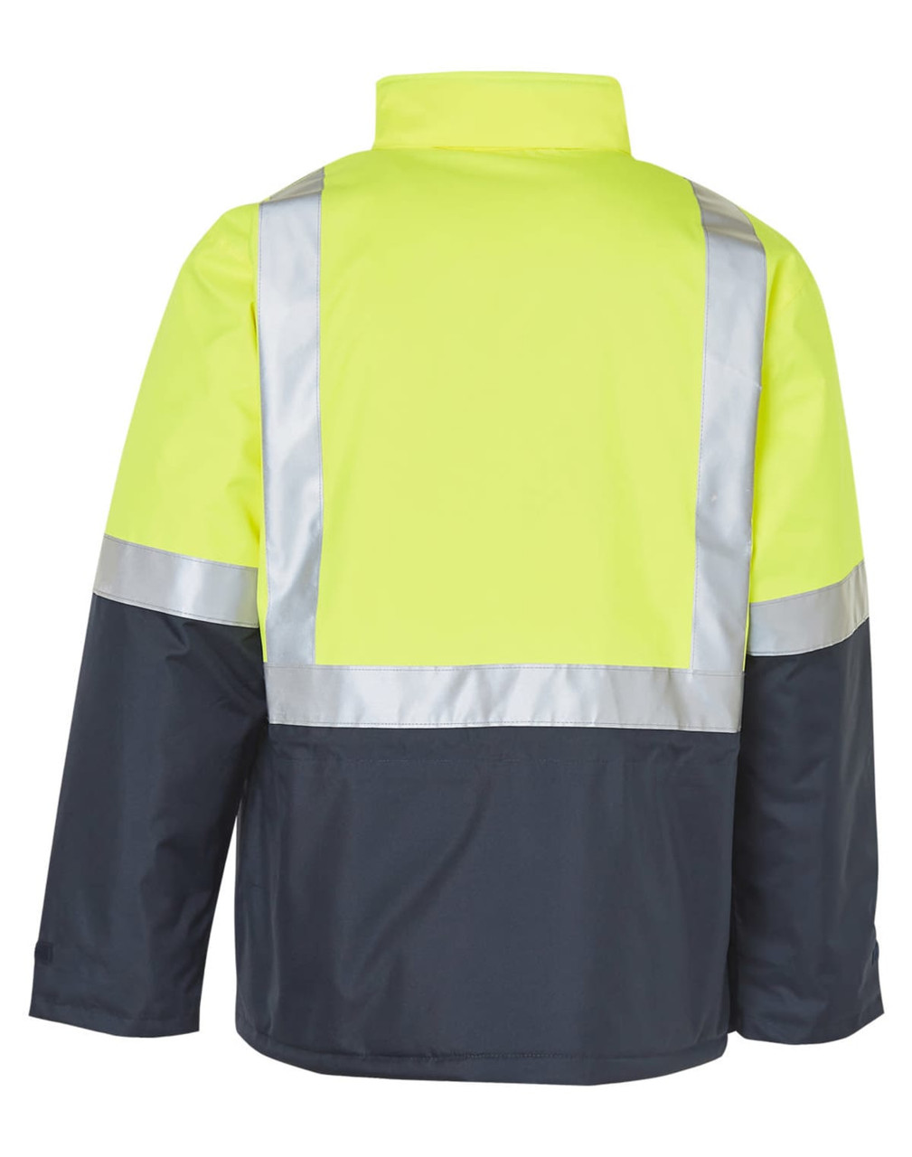 A hi-vis two-tone rainproof quilted safety jacket in bright yellow and navy, featuring reflective 3M tape accents.