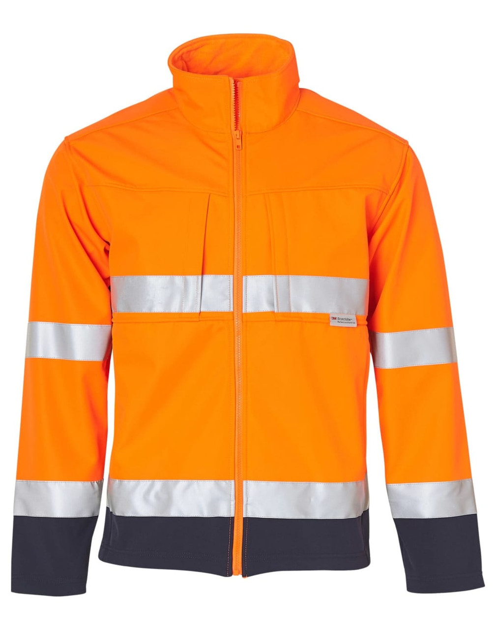 A bright orange two-tone safety jacket featuring reflective strips, with a zip front and a collar. It has a logo.