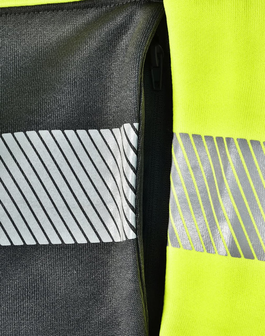 A bright yellow work jumper featuring reflective stripes and a zipper pocket in a contrasting dark grey fabric.