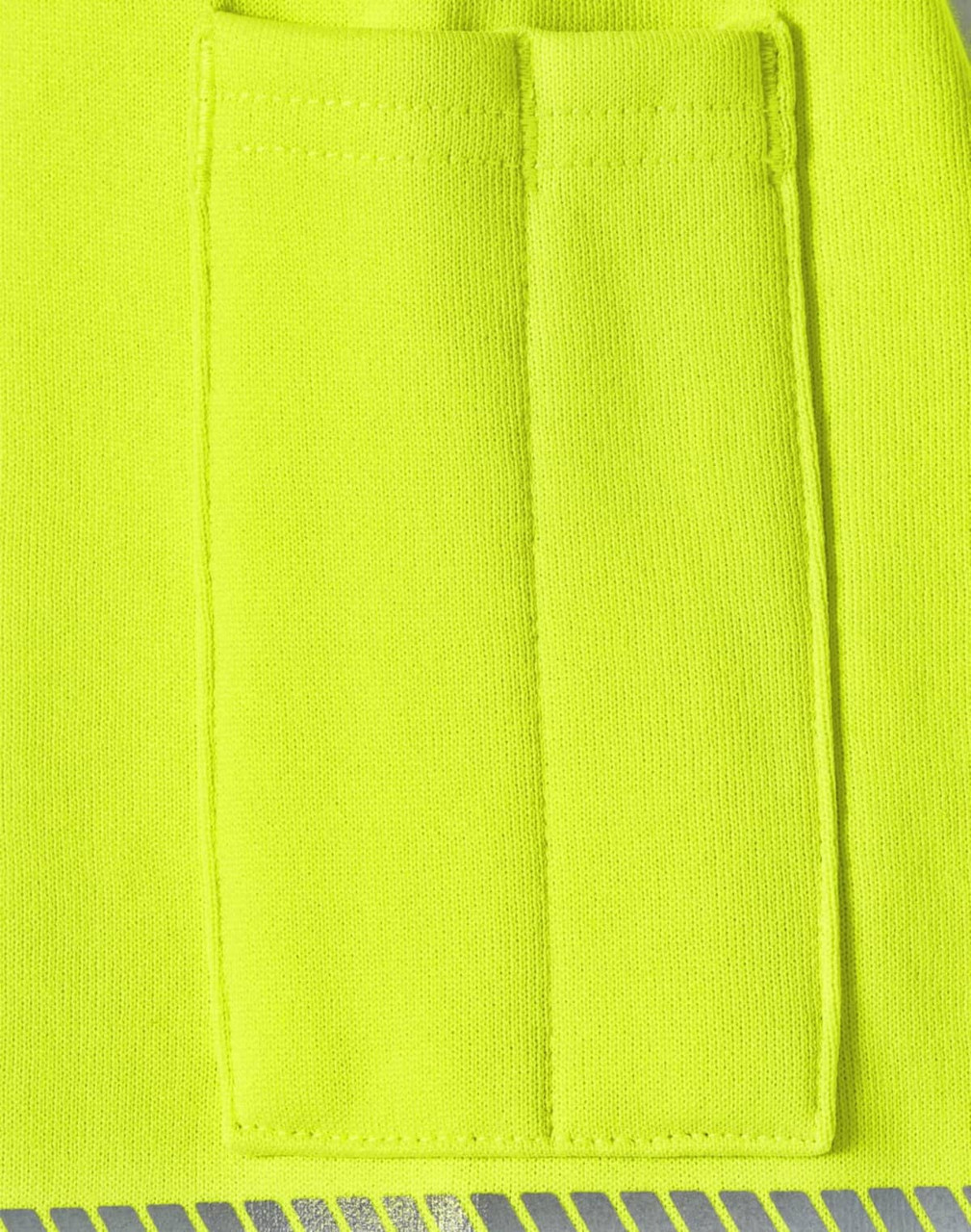 A bright fluorescent yellow jumper featuring two pockets on the front. The fabric appears durable and suitable for workwear.