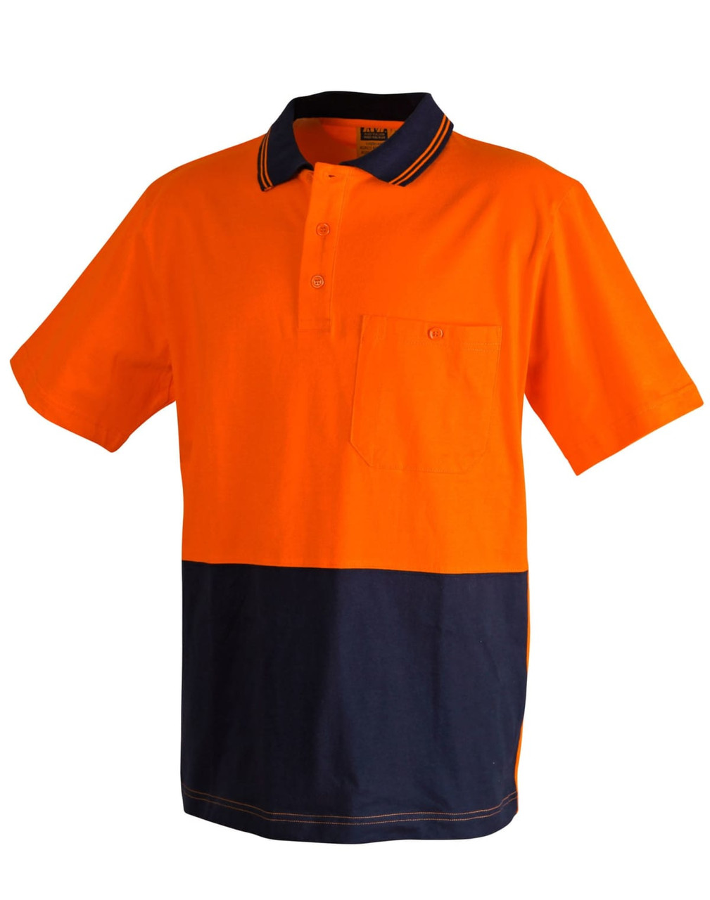 An orange and navy two-tone safety polo shirt with a chest pocket and a logo.