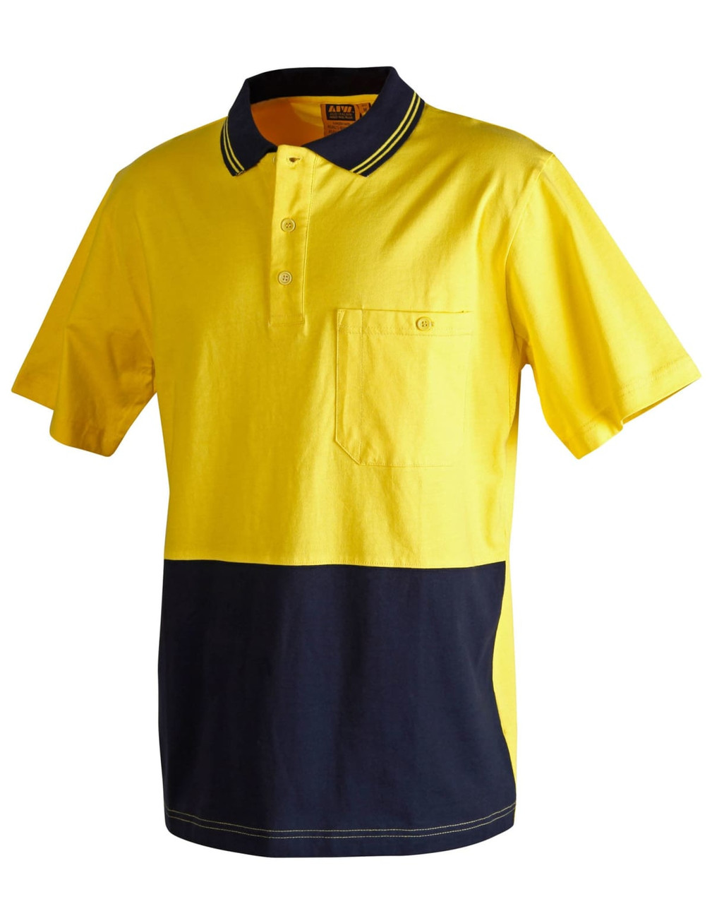 A two-tone safety polo in bright yellow and navy blue, featuring a pocket and a logo.