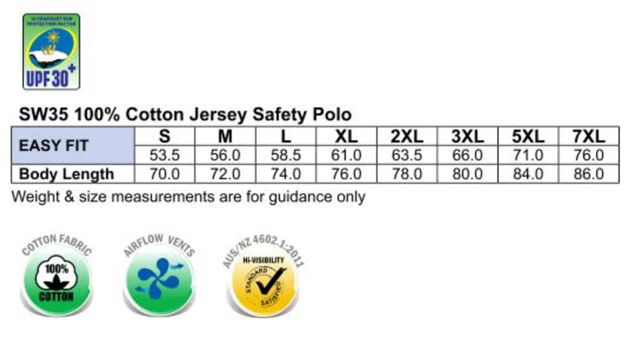 A chart displaying size measurements for a 100% cotton jersey safety polo, featuring various sizes and specifications.