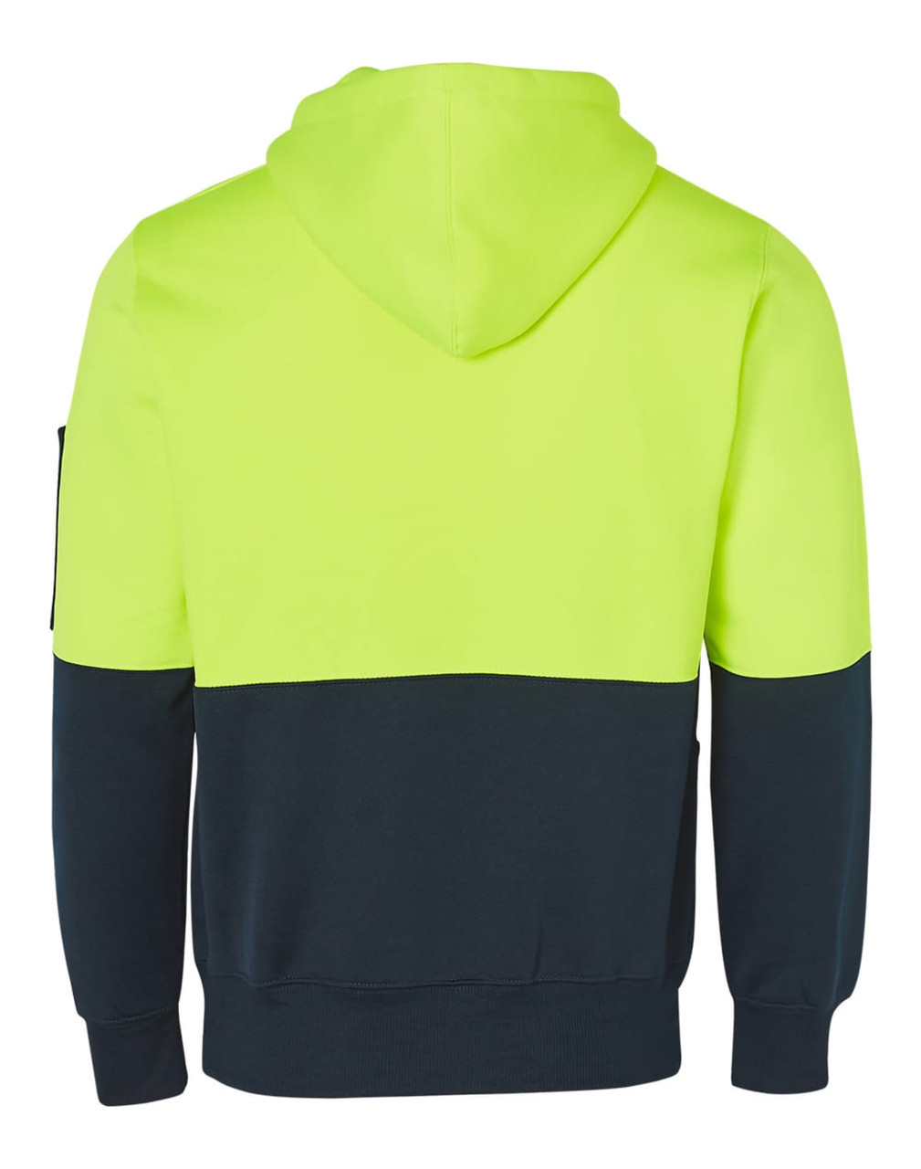 A Hi-Vis two-tone hoodie in fluorescent yellow and navy, featuring a hood and kangaroo pocket, with a logo on the sleeve.