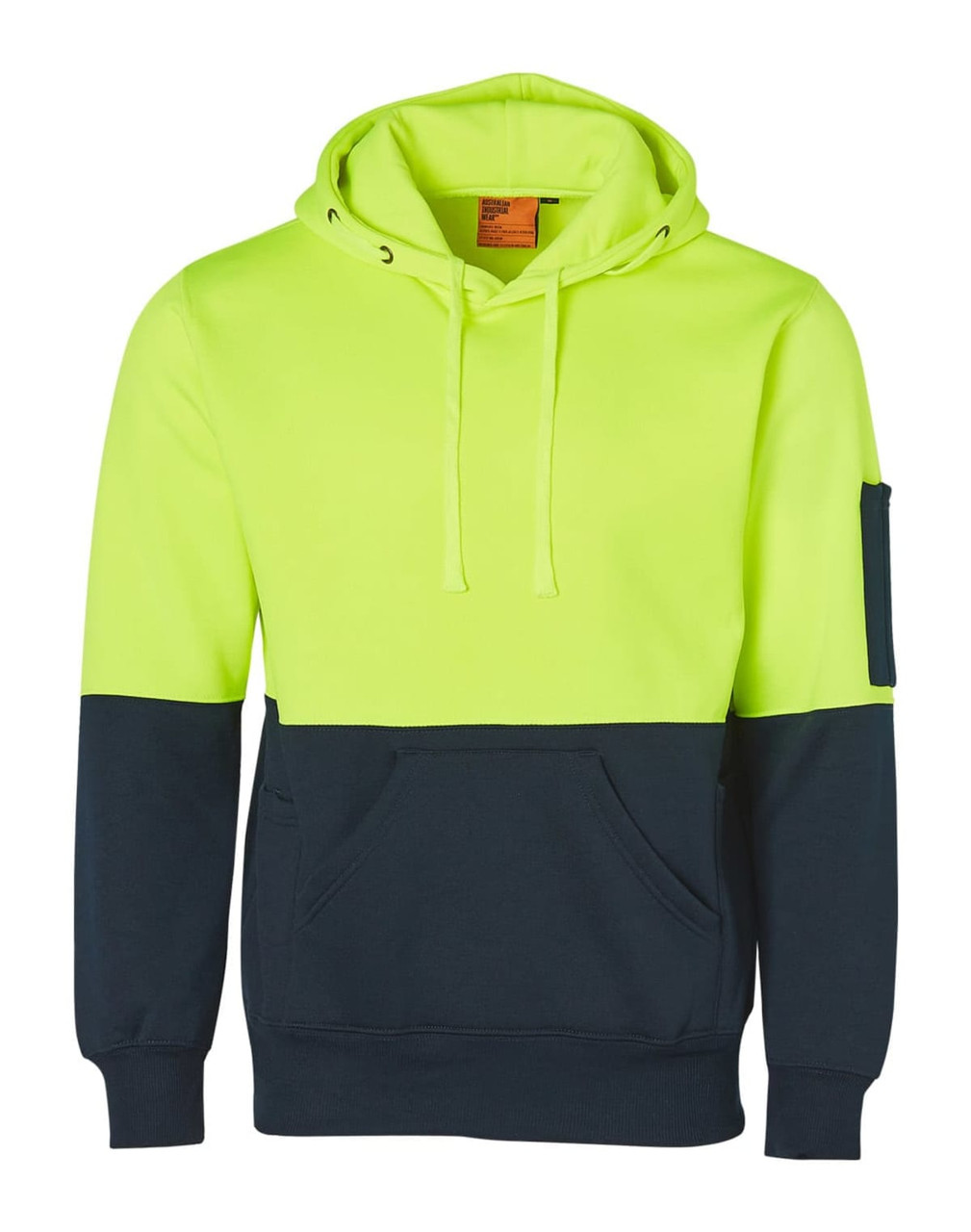 A high-visibility two-tone hoodie featuring a bright yellow upper and navy blue lower section, with a kangaroo pocket. A high-visibility two-tone hoodie featuring a bright yellow upper and navy blue lower section, with a kangaroo pocket.