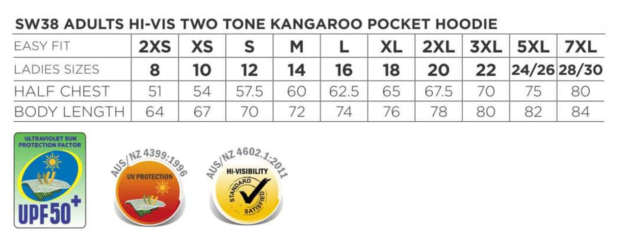 A Hi-Vis two-tone kangaroo pocket hoodie in various sizes, featuring a branding logo and detailed measurements. A Hi-Vis two-tone kangaroo pocket hoodie in various sizes, featuring a branding logo and detailed measurements.