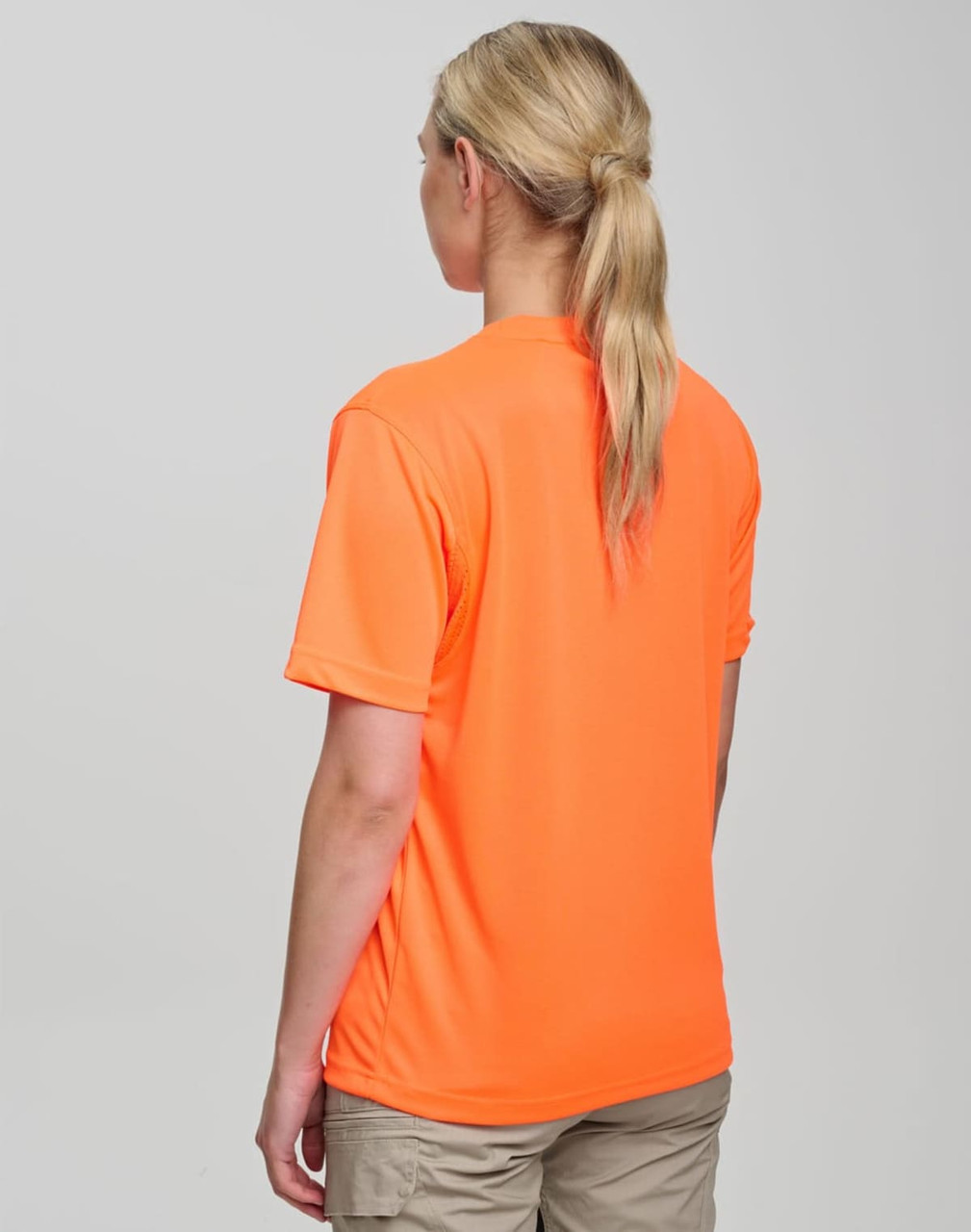 A bright orange safety tee with a simple design, featuring a logo on the back.