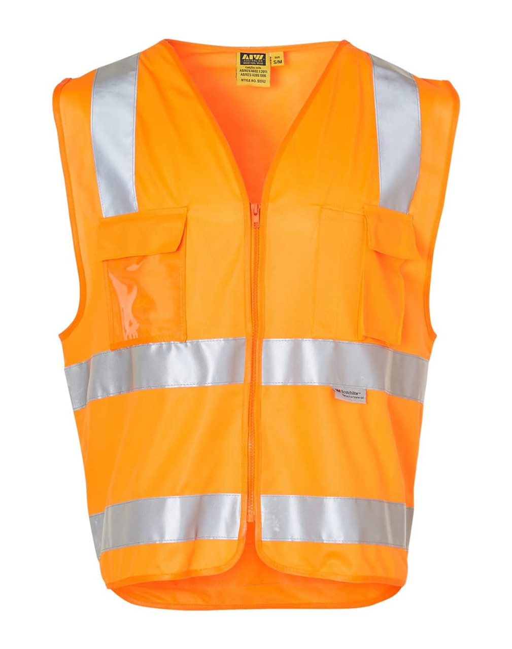An orange hi-vis safety vest featuring reflective tapes and an ID pocket. Includes a branded logo.