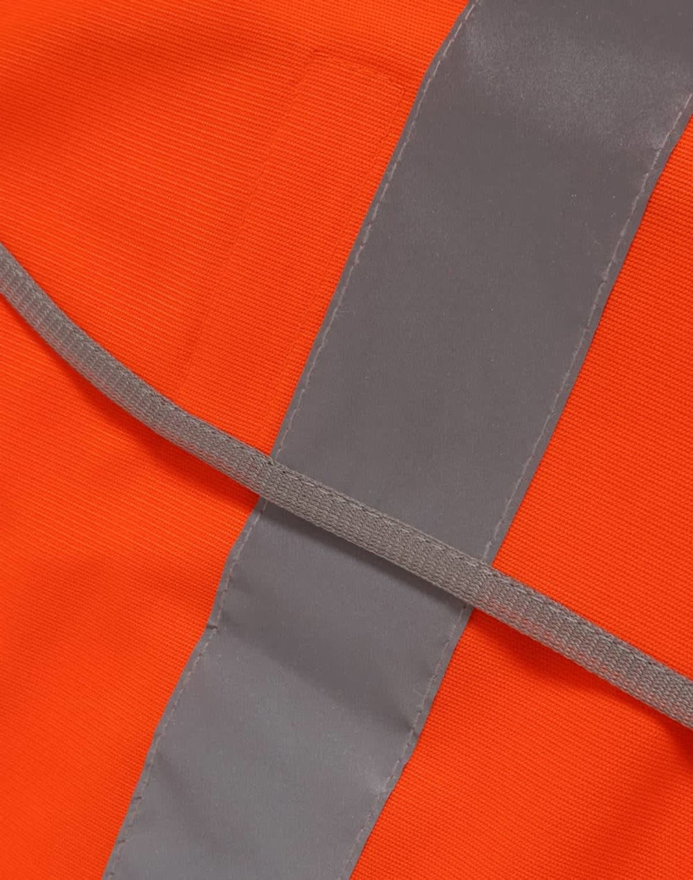 Bright orange safety vest with grey reflective shoulder tapes, featuring a fabric texture and a simple design.