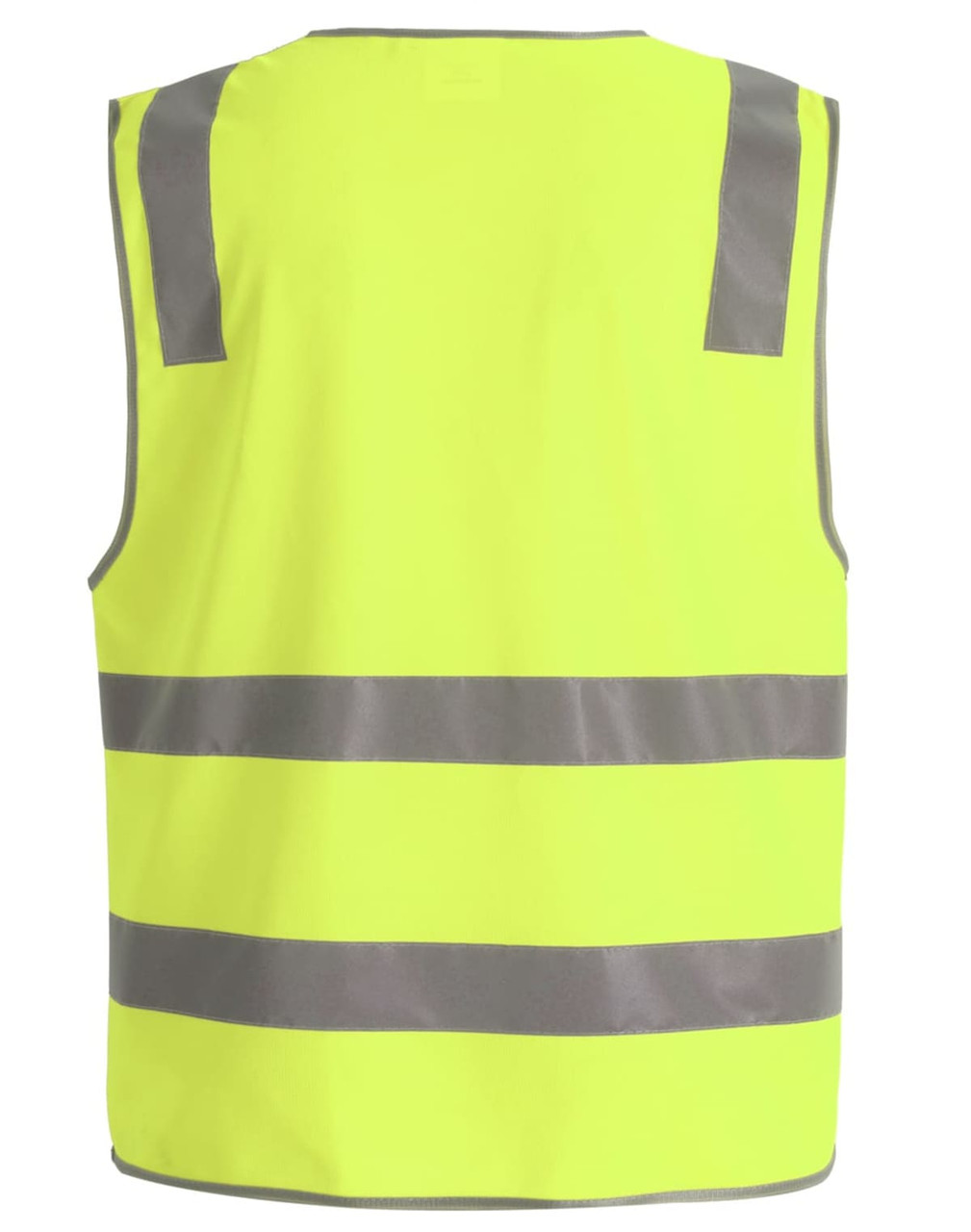 A bright yellow safety vest featuring grey shoulder reflective tapes, designed for visibility and safety.