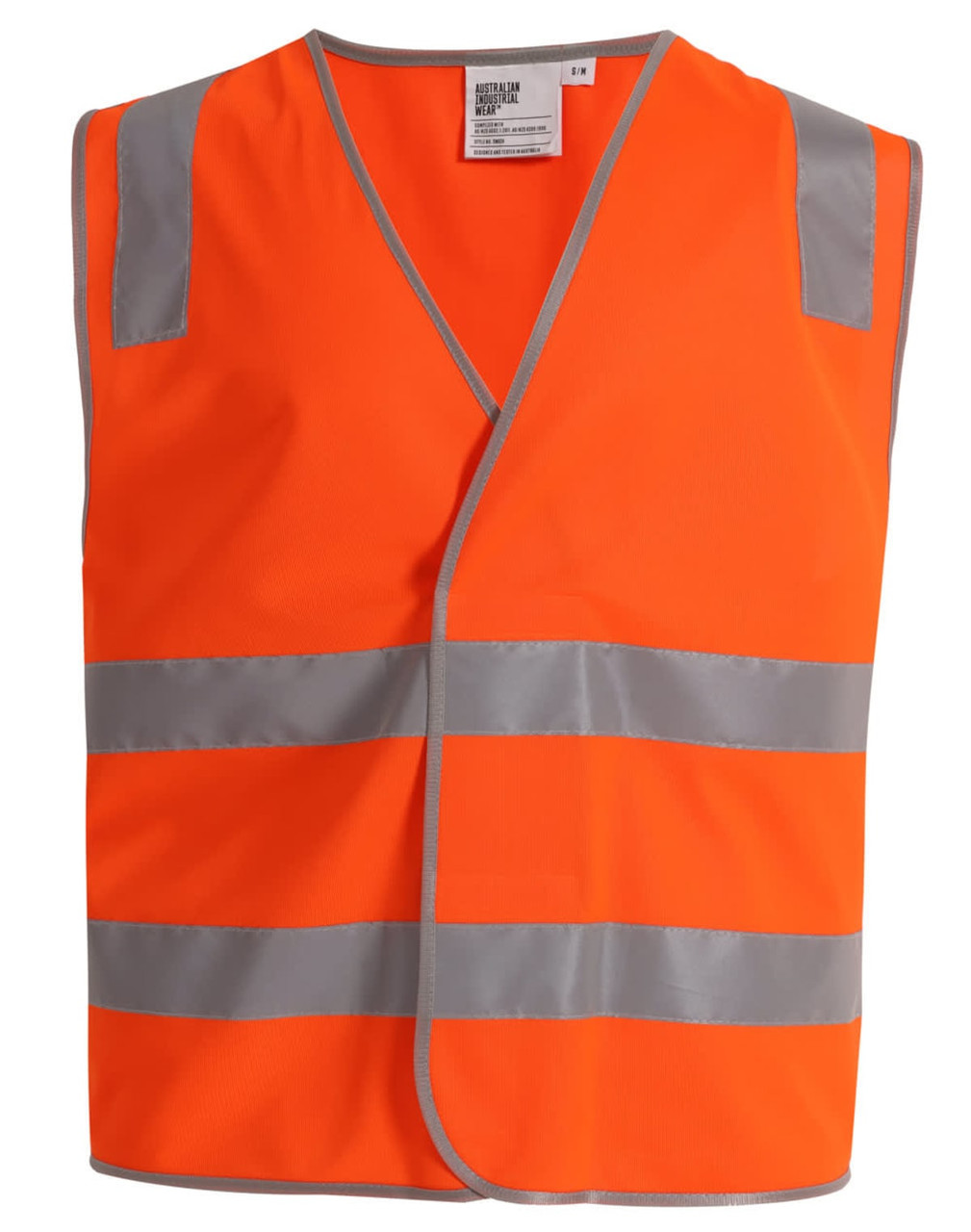 An orange safety vest featuring shoulder reflective tapes and a logo. Suitable for safety wear.