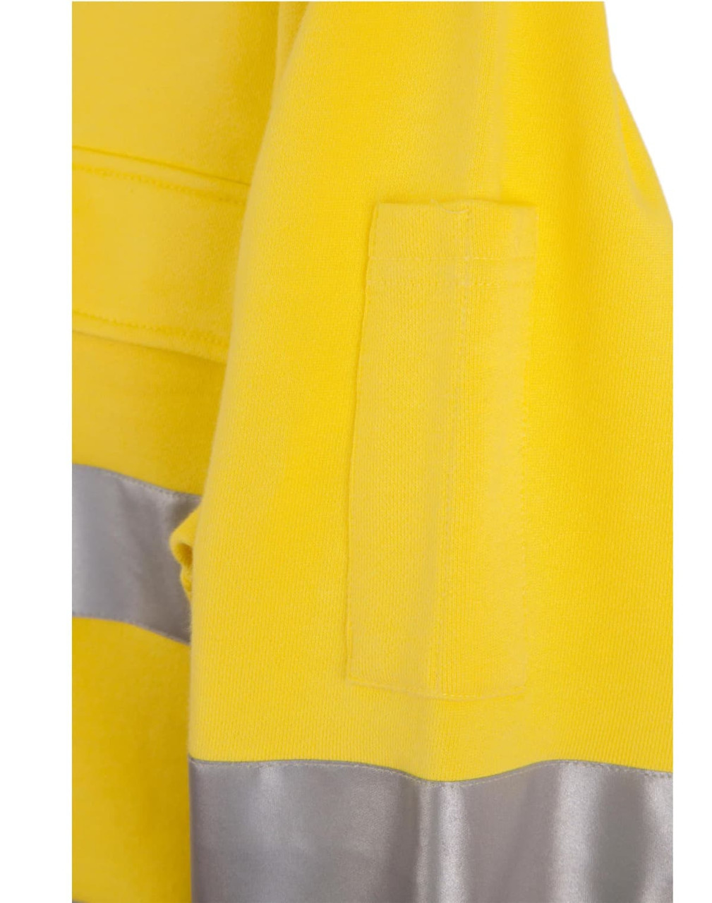 A bright yellow fleece jumper featuring reflective 3M tape and a pocket design. It has a logo on the garment.