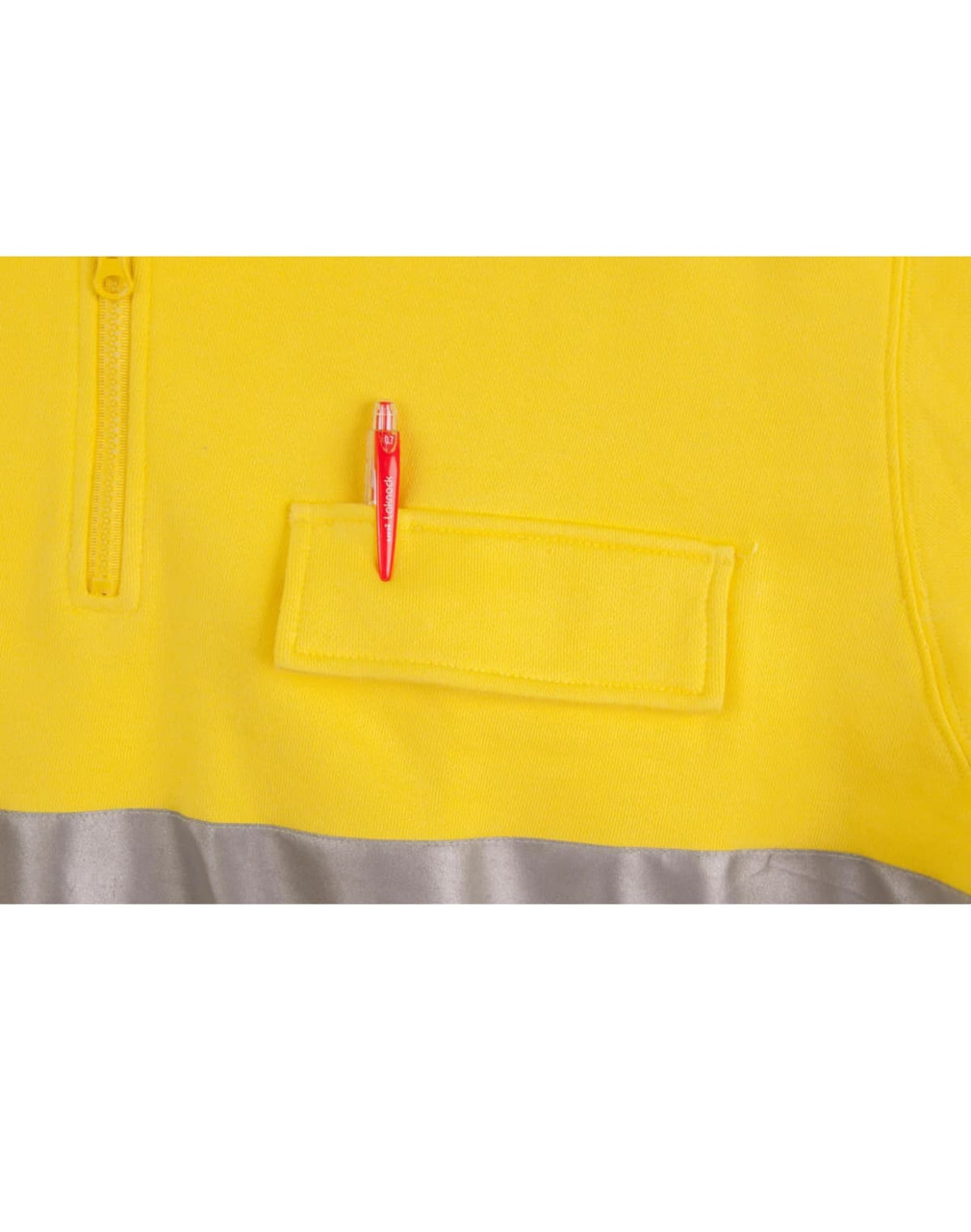 A bright yellow fleece jumper featuring silver accents and a pen pocket. Includes a logo on the fabric.