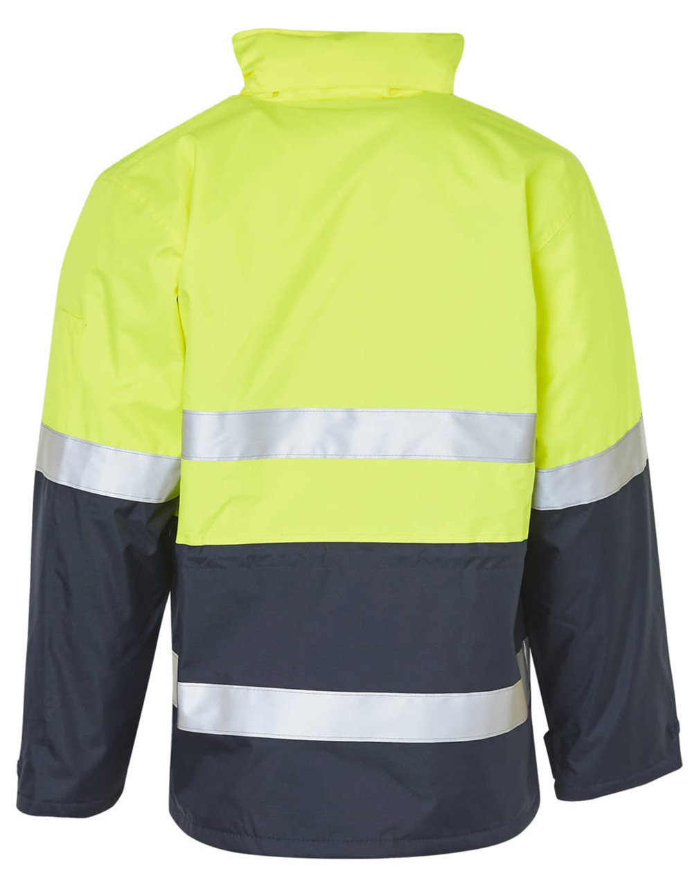 A high-visibility long line safety jacket in bright yellow and navy, featuring reflective 3M tape.