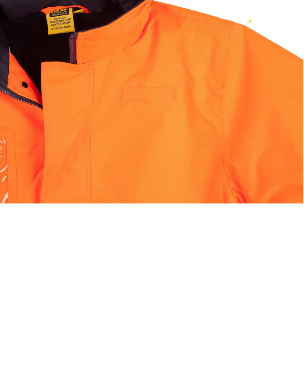 An orange Hi-Vis long line safety jacket featuring 3M reflective tapes and a collar, with a branded tag visible.
