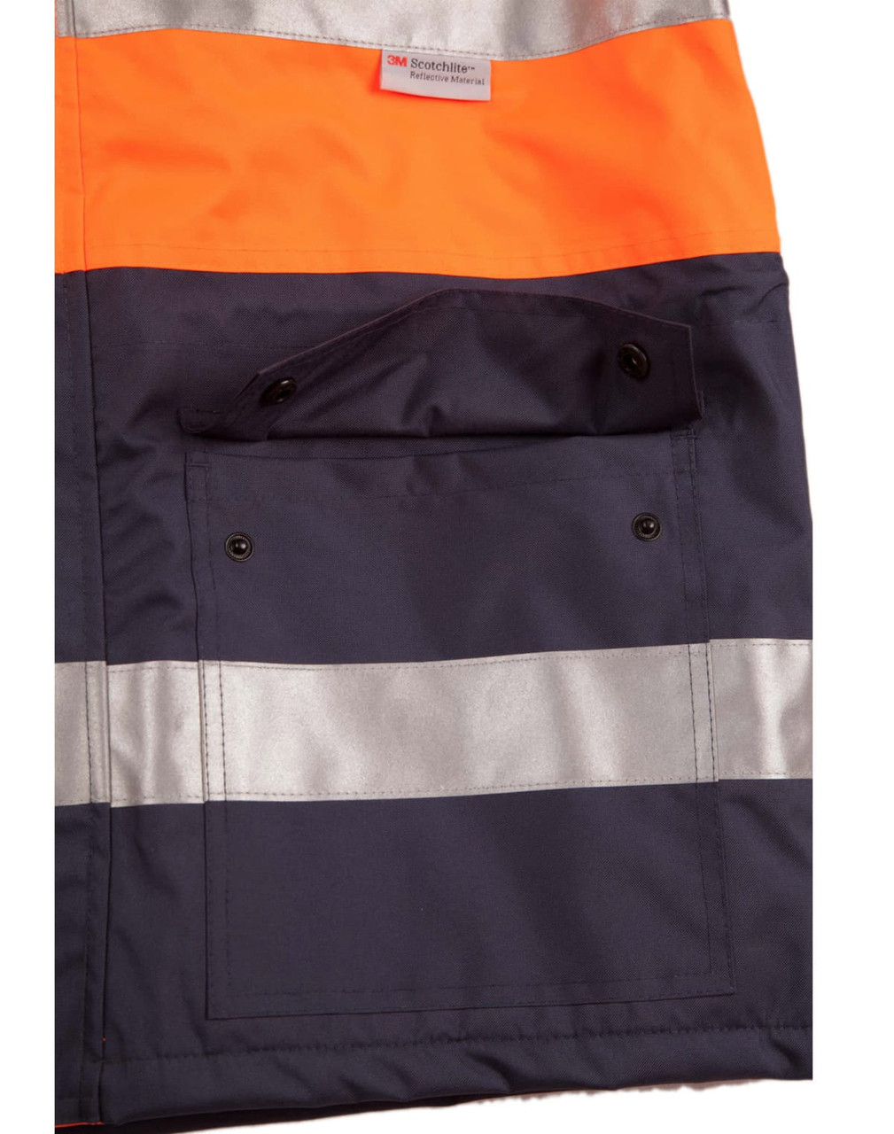 A hi-vis long line safety jacket in orange and navy, featuring reflective 3M tapes and a front pocket with buttons.