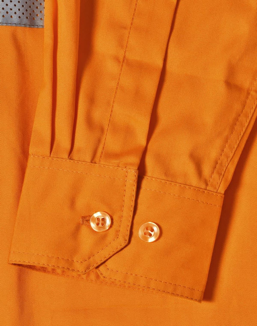 An orange work shirt featuring cuff details and a textured panel, with a logo visible on the fabric.