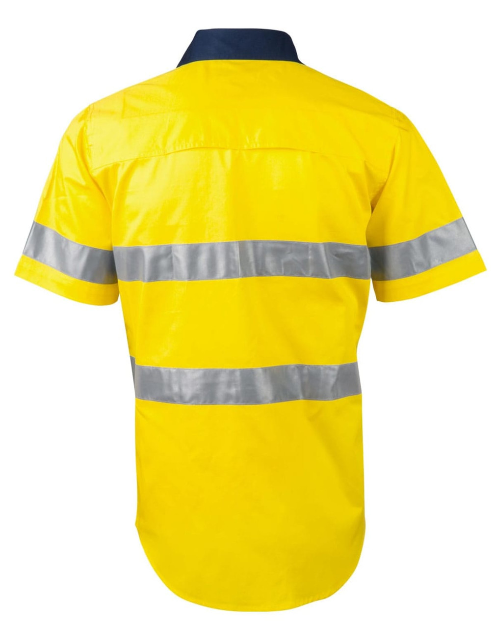 A bright yellow short-sleeved safety shirt with reflective silver stripes and a navy collar, featuring a logo.