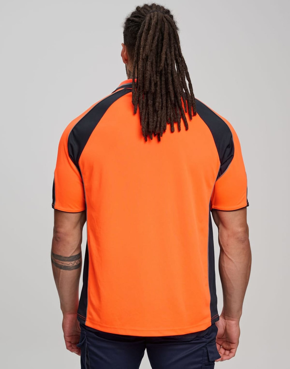 Men's Hi-Vis polo shirt featuring bright orange with navy sleeve panels, and a logo on the back.