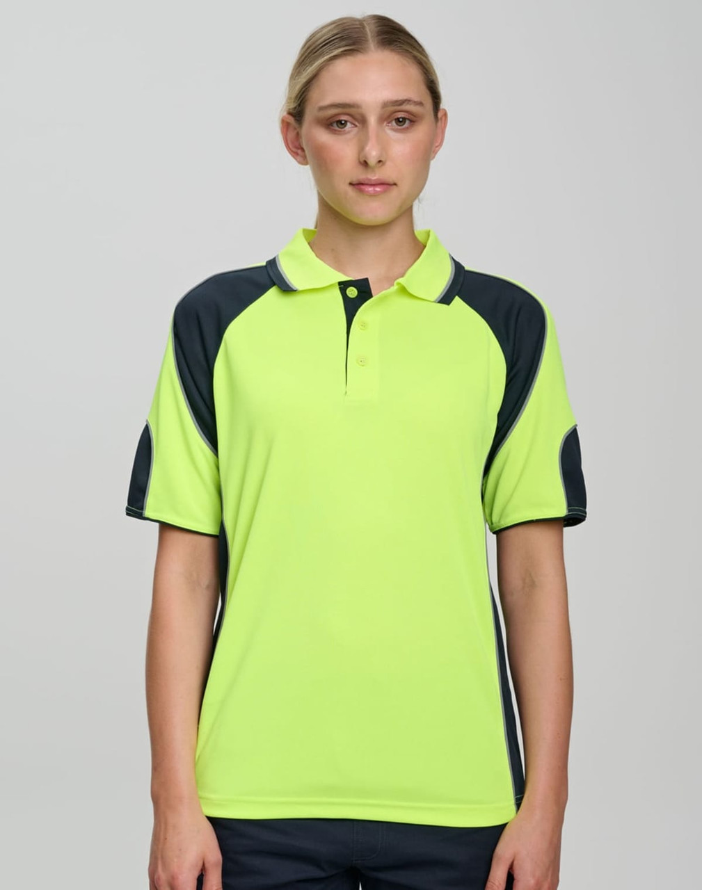 A bright yellow and navy polo shirt with short sleeves and contrast sleeve panels. Features a logo on the chest.