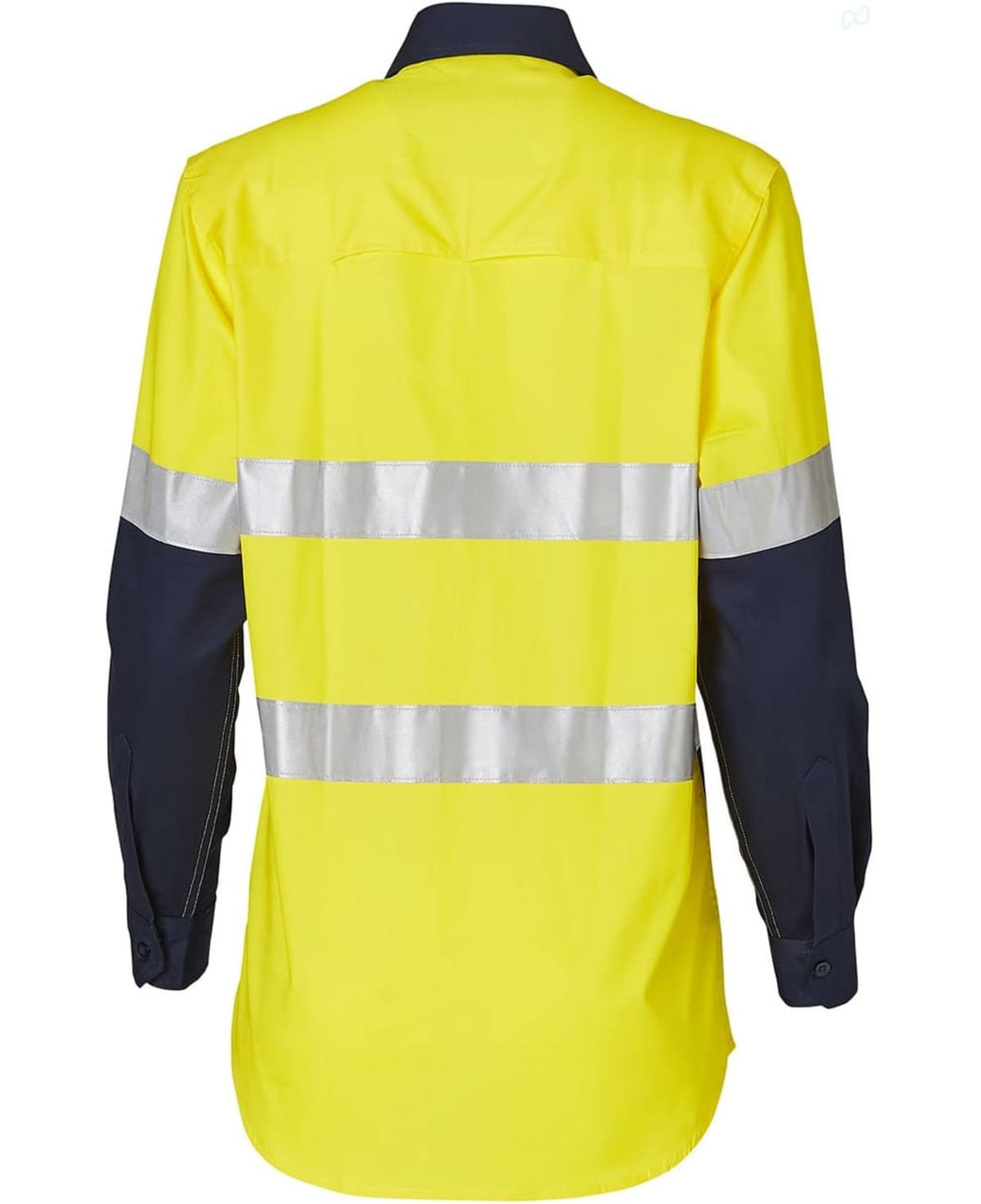 A long-sleeve safety shirt in hi-vis yellow with navy sleeves and reflective 3M tape stripes. Features a logo.