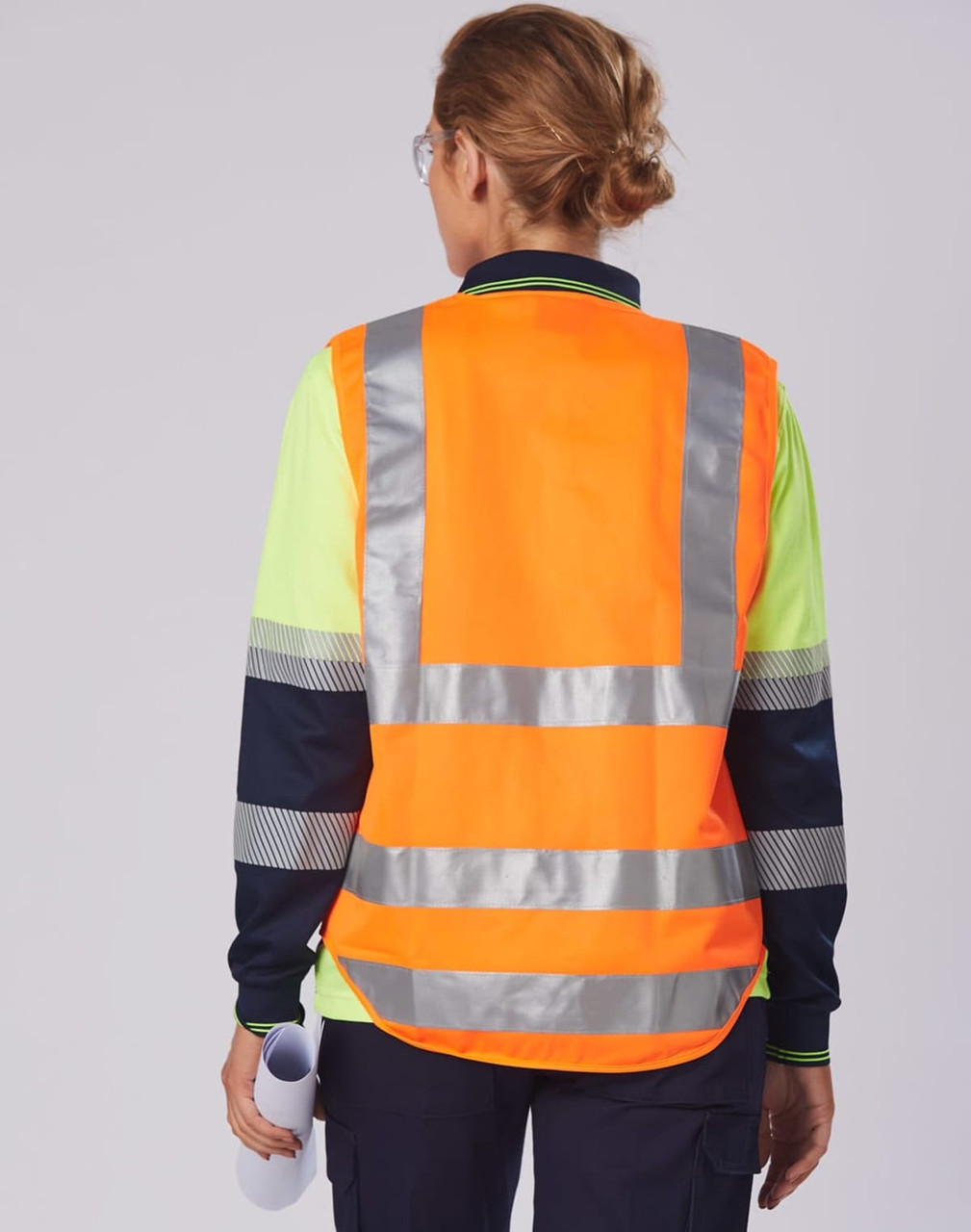 A long-sleeve safety polo in fluorescent yellow and orange with reflective stripes and branding on the back.