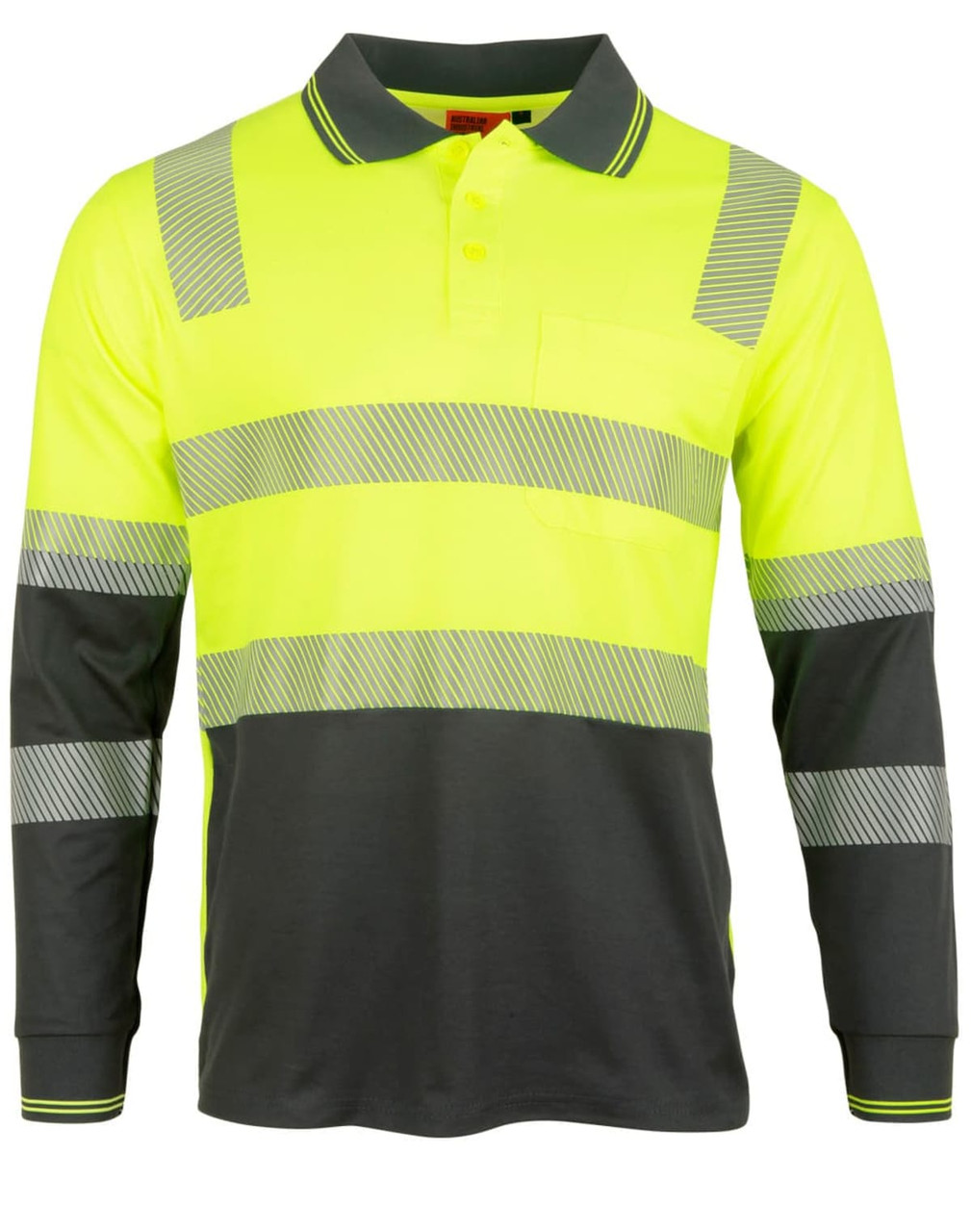 A long-sleeved safety polo in bright yellow with grey sections and reflective stripes. Features a pocket and logo.