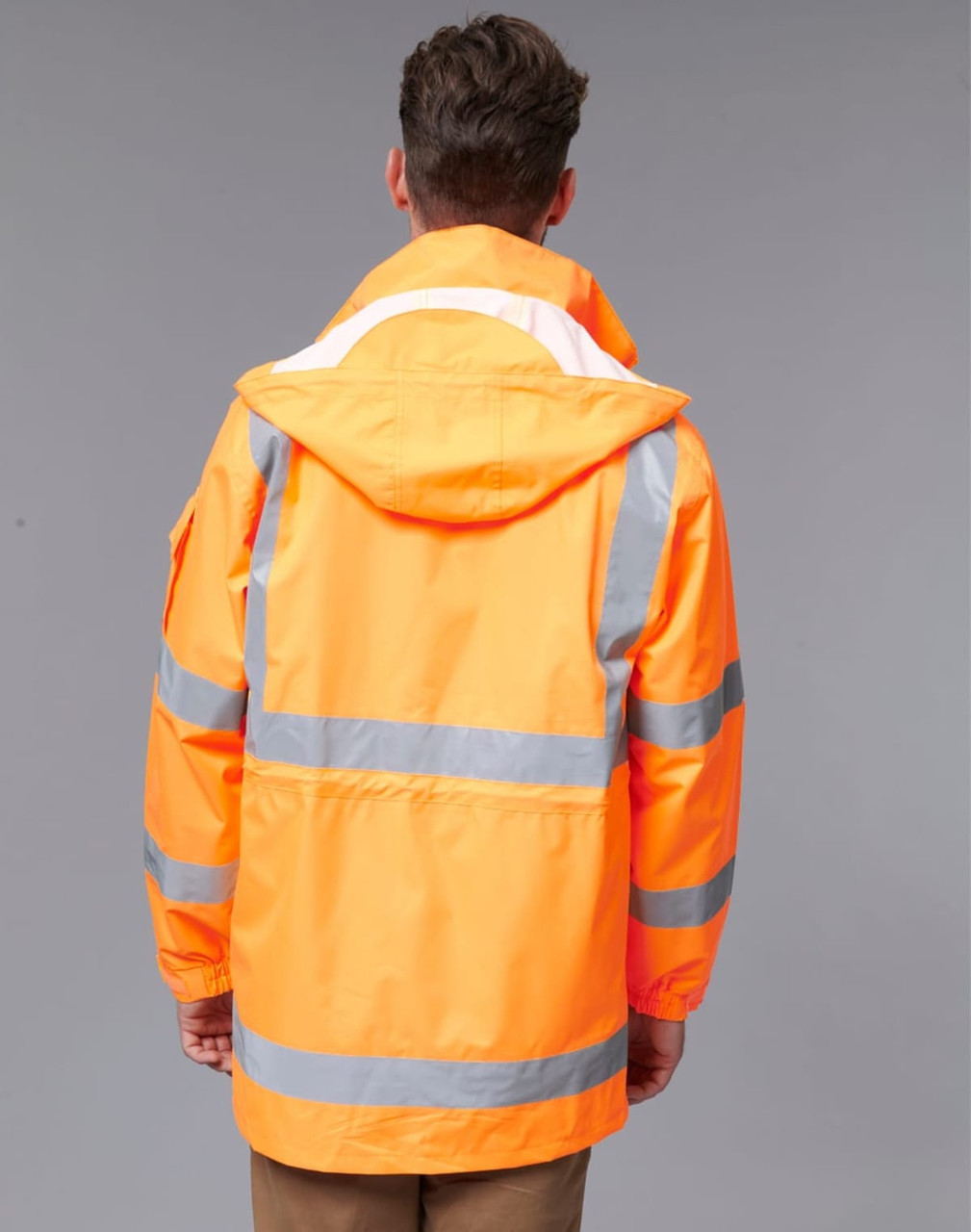 An orange safety jacket with reflective stripes and a hood, featuring a logo on the back.