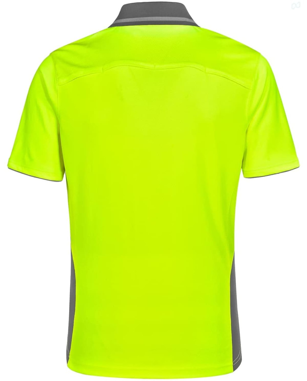 A bright yellow short-sleeve polo shirt with grey accents and a logo on the chest. Ideal for high visibility.