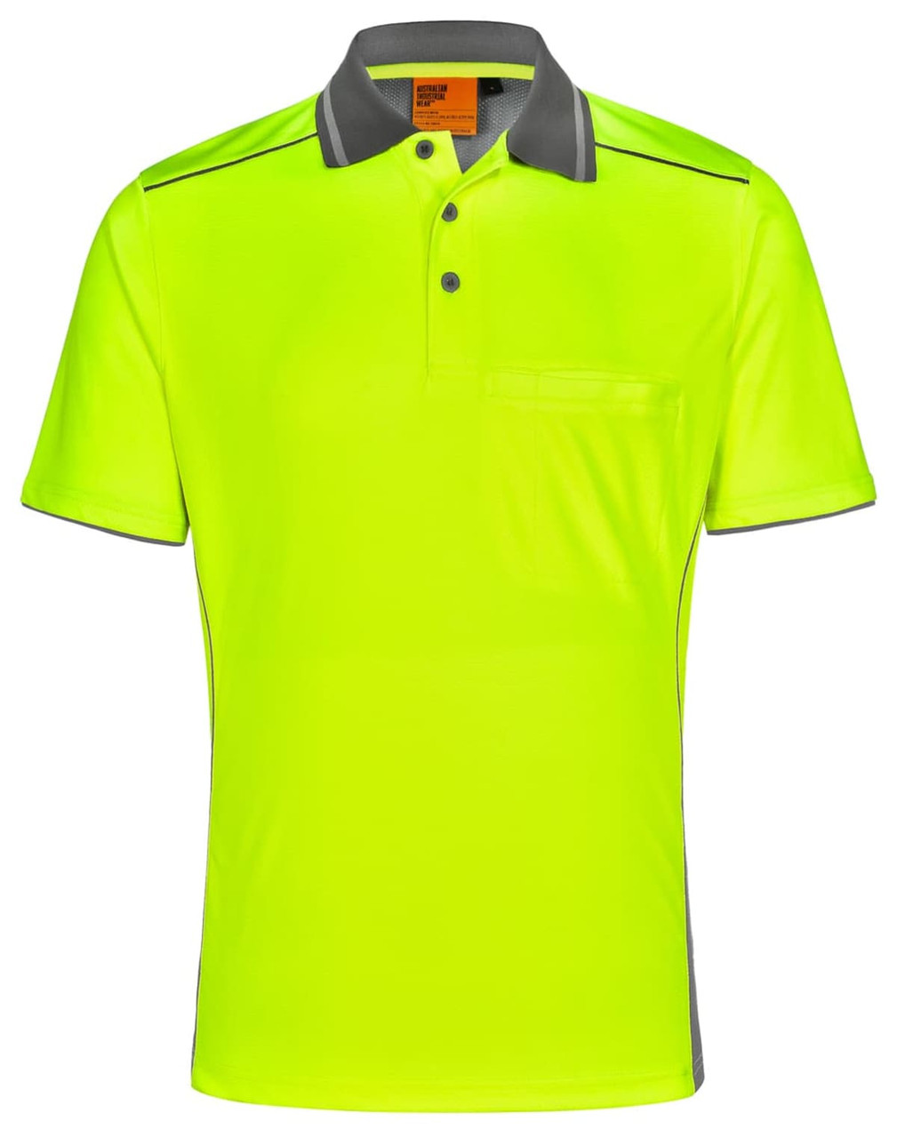 A bright yellow Hi-Vis polo shirt with grey accents and a chest pocket, featuring a logo.