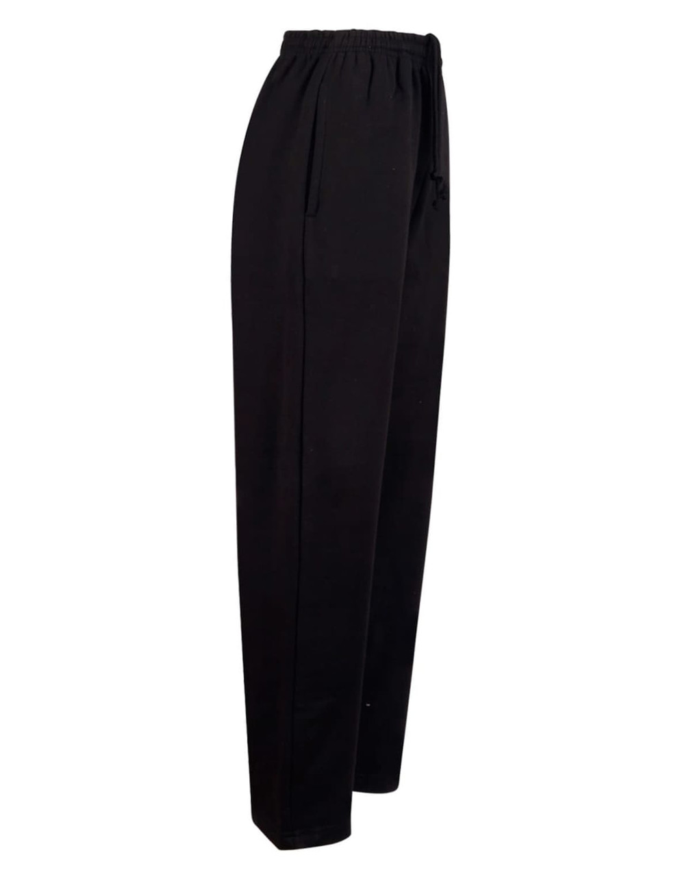 Black adult fleecy track pants with a relaxed fit and elastic waistband. Features include a drawstring and a logo.
