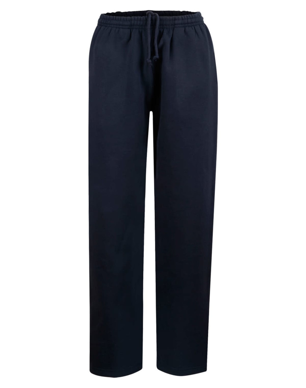 Navy track pants featuring an elastic waistband and drawstring, with a simple design and no visible branding.