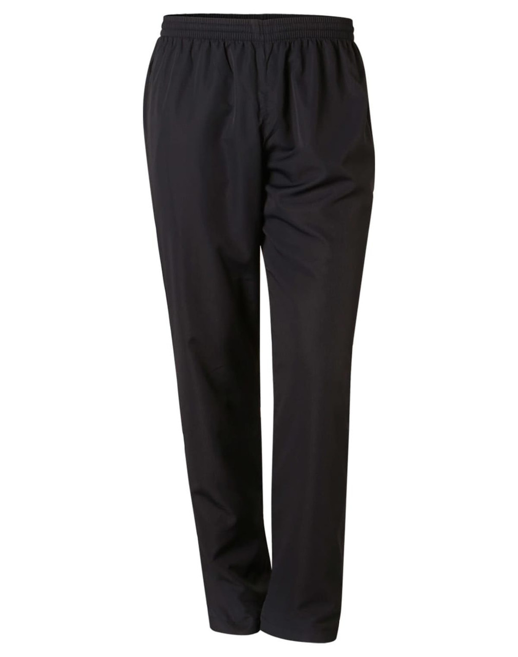 Black track pants with an elastic waistband and a simple design, featuring a logo on one side.