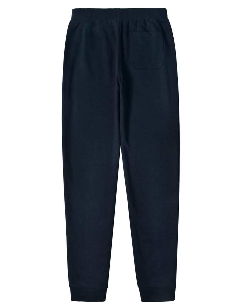 A pair of navy poly/cotton terry sweat pants with an elastic waistband and a back pocket.