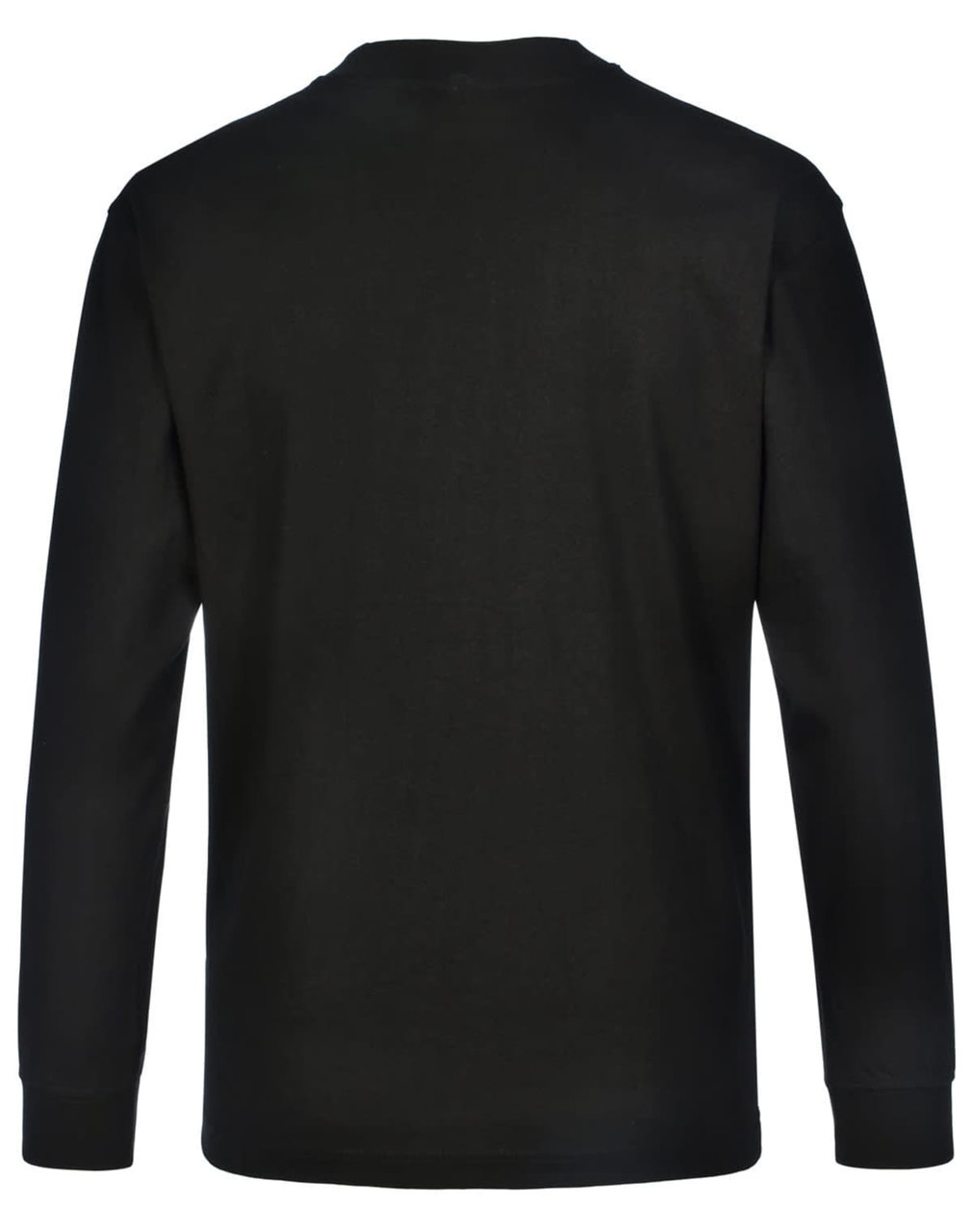 A black long-sleeve men's cotton crew neck t-shirt with a simple, unembellished back design and a logo present.
