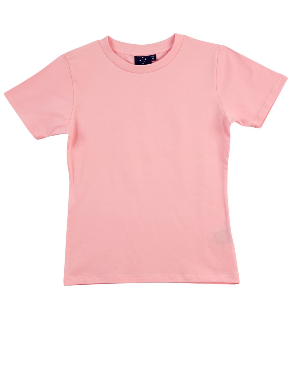 A fitted pink stretch t-shirt with a round neck and short sleeves, featuring a tag inside.