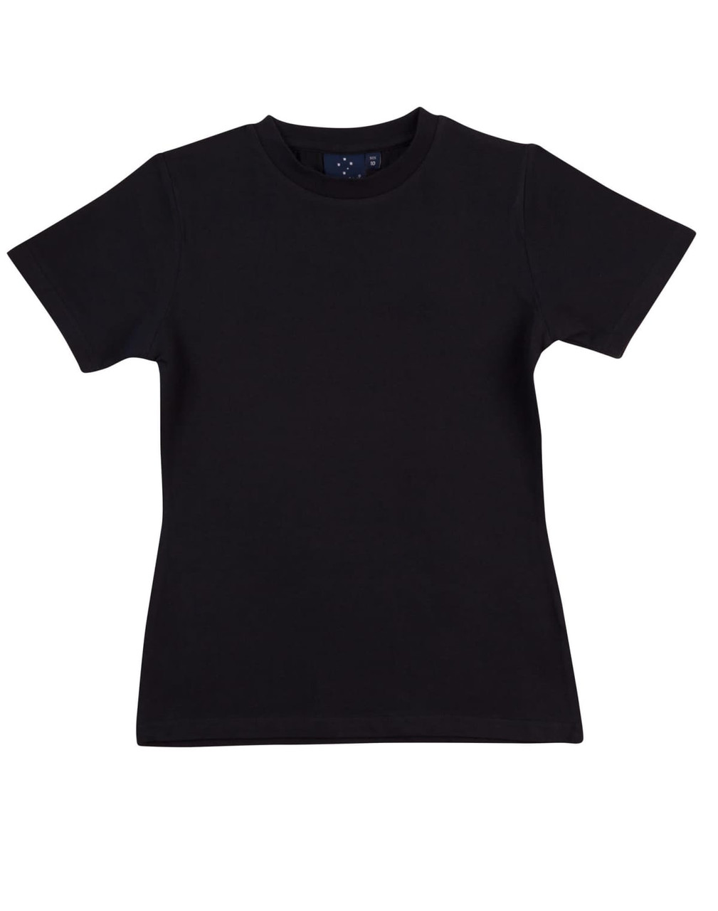 A black ladies' fitted stretch tee with short sleeves and a logo on the neckline.