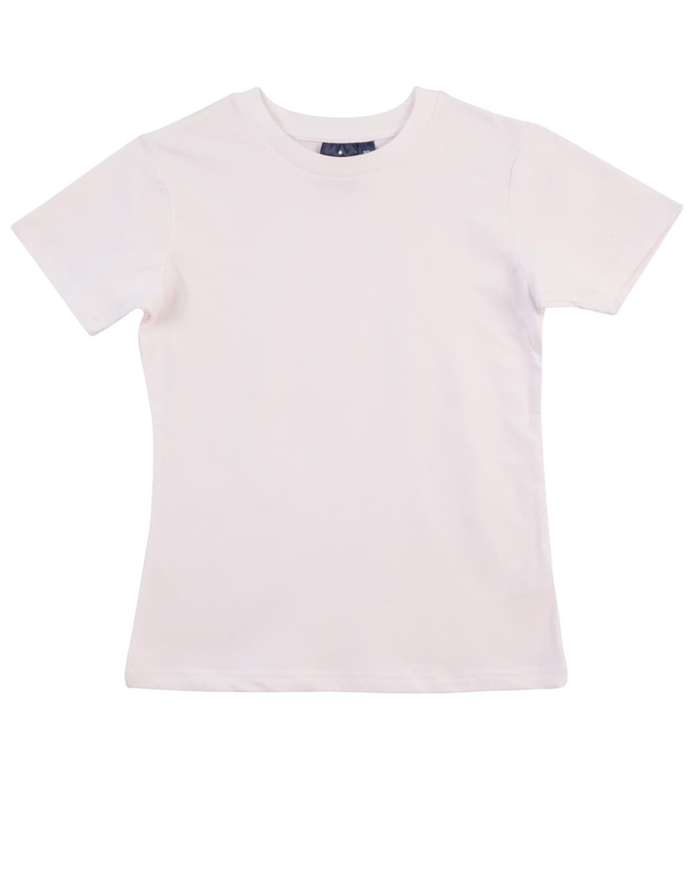 A ladies' fitted stretch tee in white with a fitted design and a logo tag at the neck.